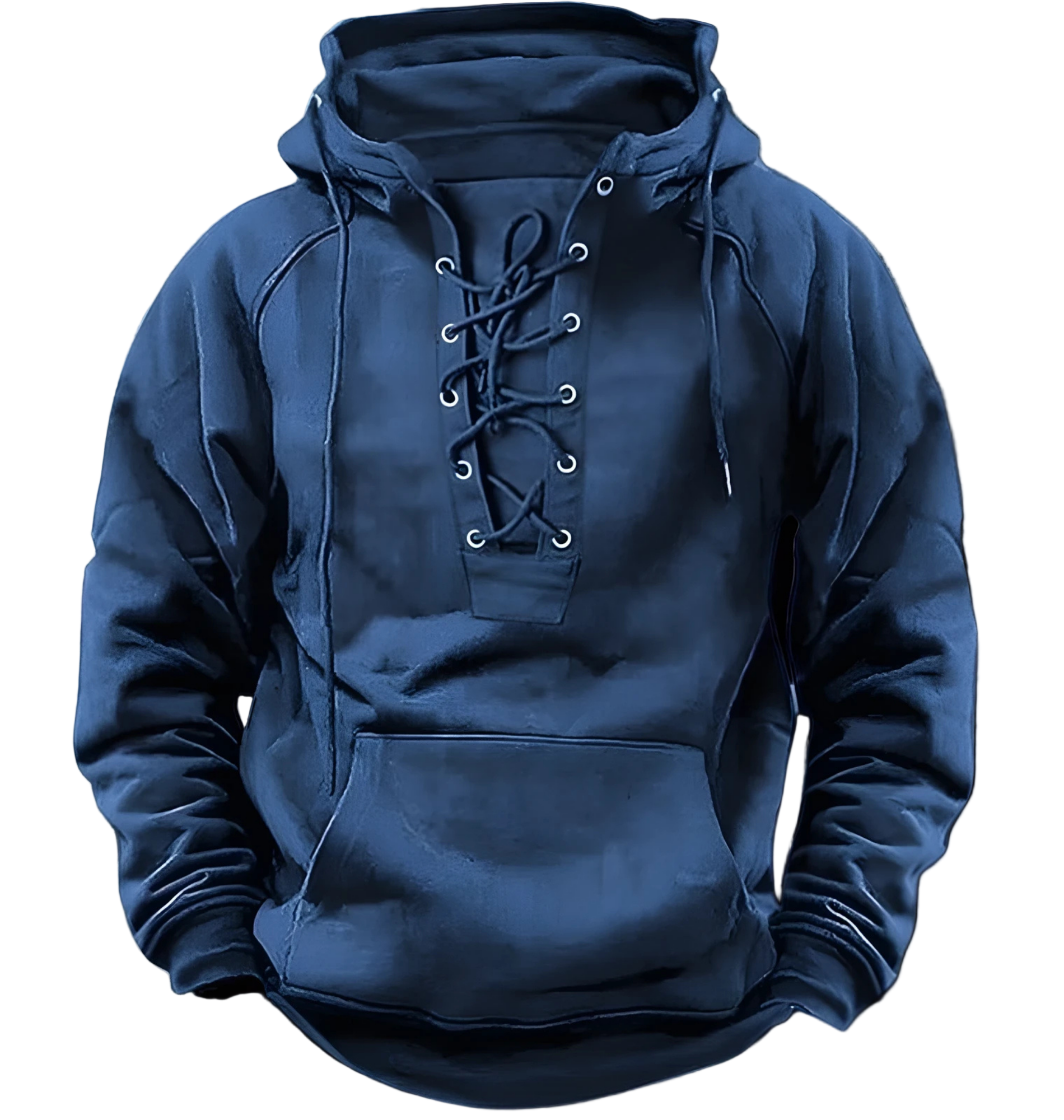Men's relaxed-fit knit hoodie in neutral tone with lace-up front detail and metal eyelets for street style