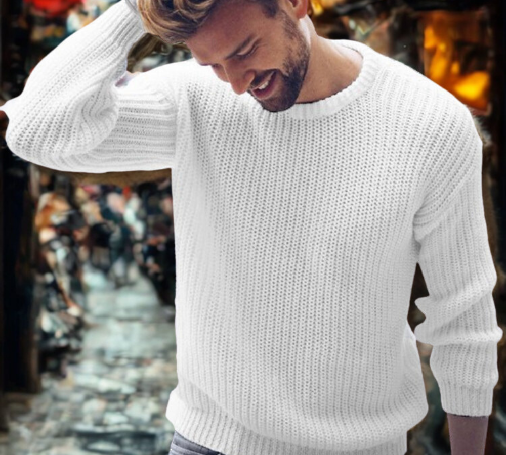Men's cotton blend crew neck sweater relaxed fit neutral tone everyday layering essential