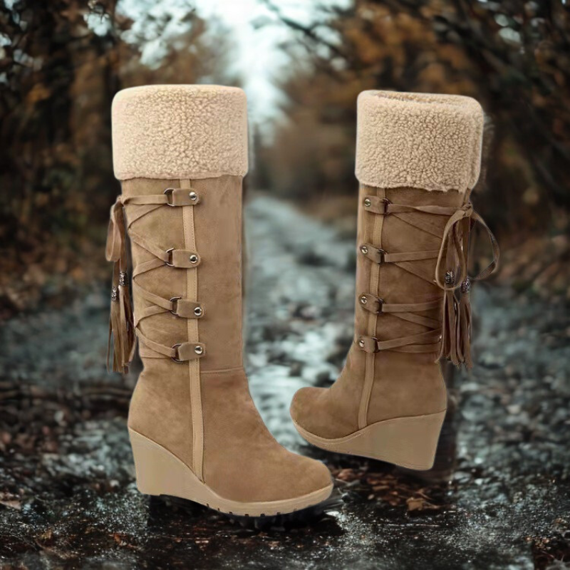 Women's mid-calf wedge heel boots tan suede-look faux fur cuff cozy everyday style