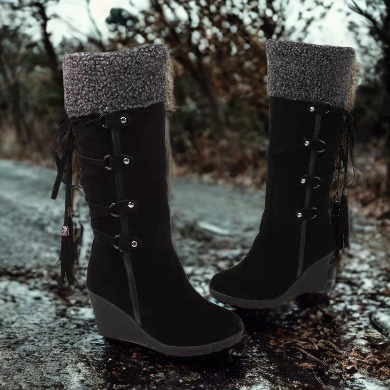 Women's mid-calf wedge heel boots faux fur cuff suede-look brown cozy urban style