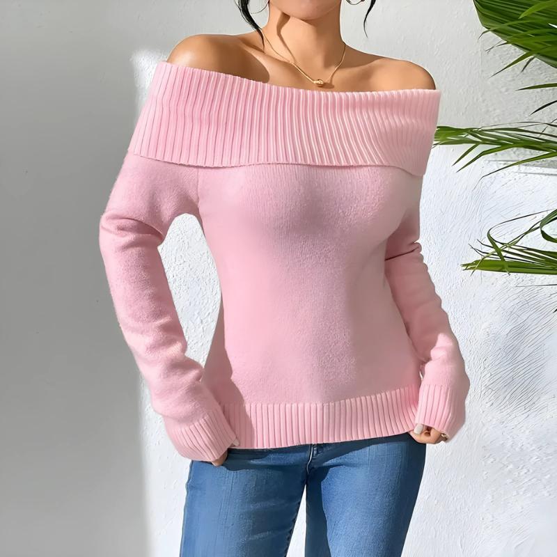 Women's off-shoulder slim fit sweatshirt in soft knitwear with ribbed neckline chic casual style