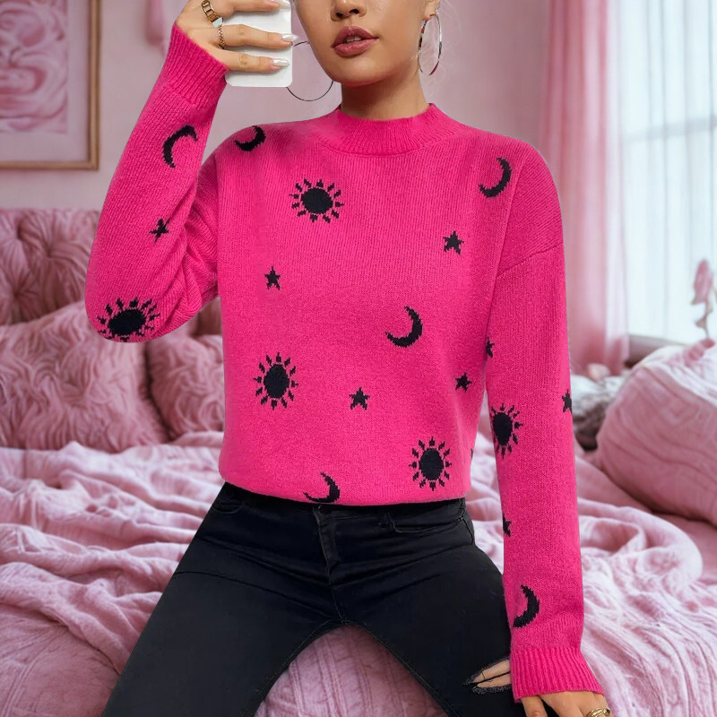 Women's relaxed fit jacquard knit pullover sweatshirt with textured pattern for effortless layering