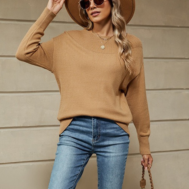 Women's loose fit knit pullover sweatshirt with ribbed boat neck and long sleeves casual style