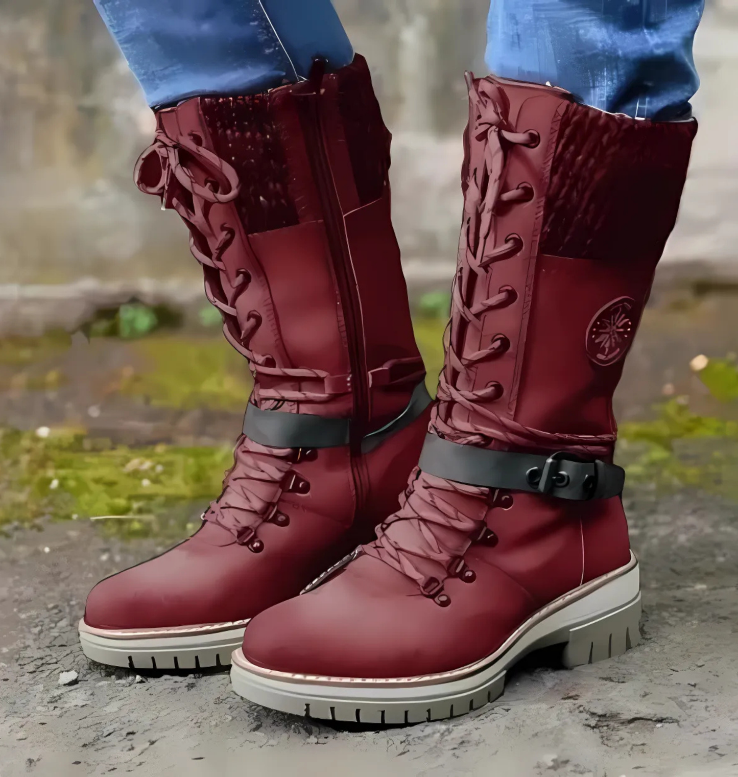 Women's black mid-calf lace-up boots with chunky lug sole for winter traction