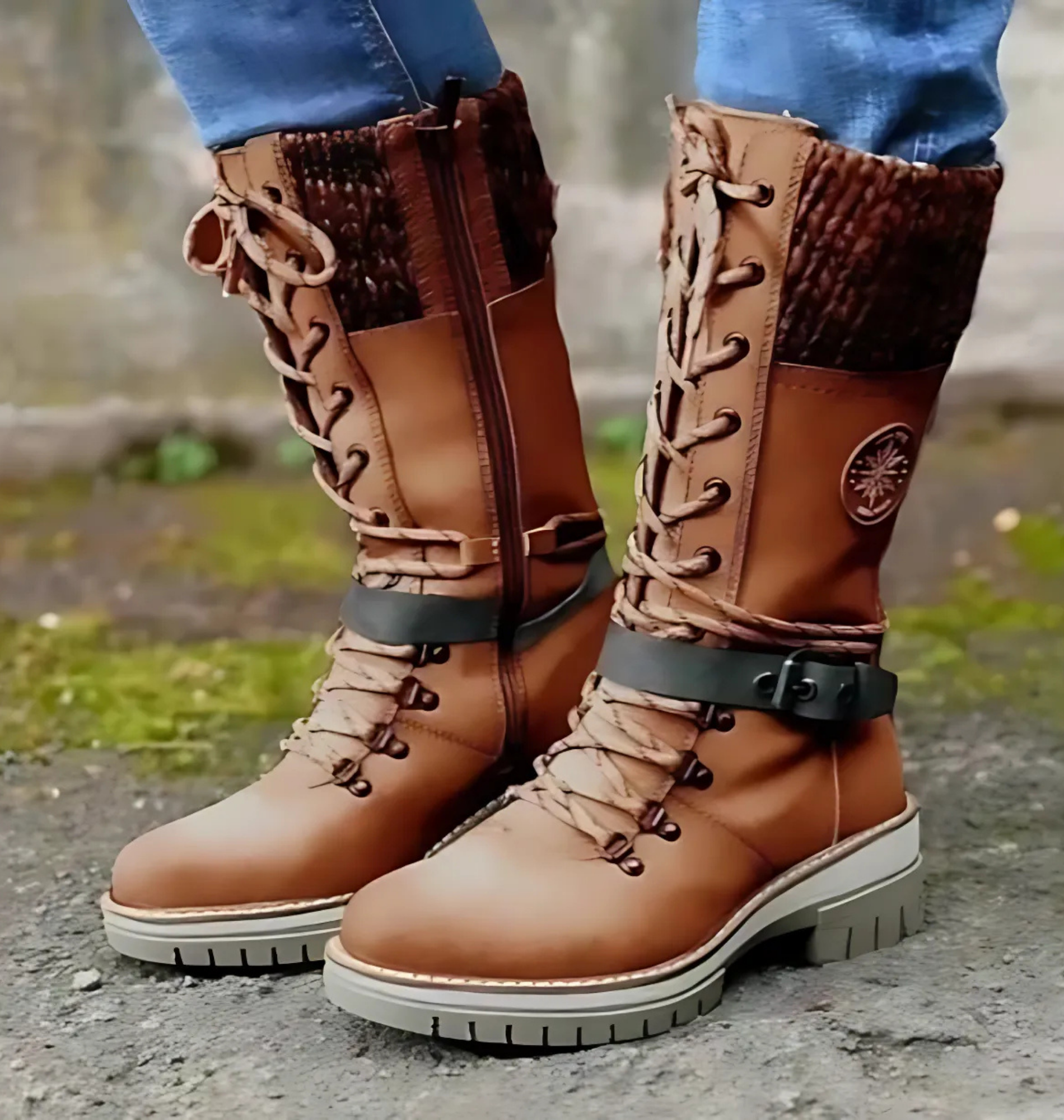 Women's brown mid-calf lace-up boots with chunky lug sole, relaxed fit for winter traction