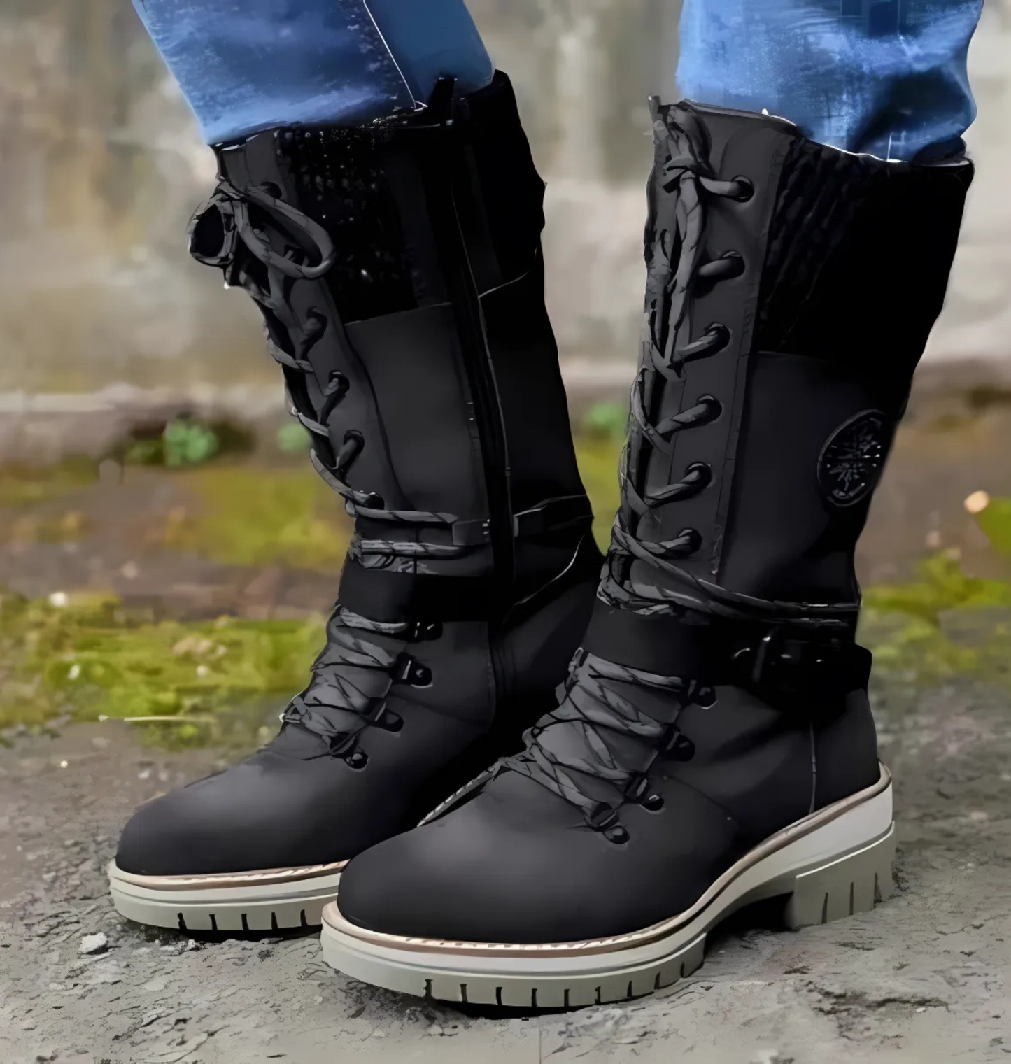 Women's brown mid-calf lace-up boots with chunky lug sole for winter traction