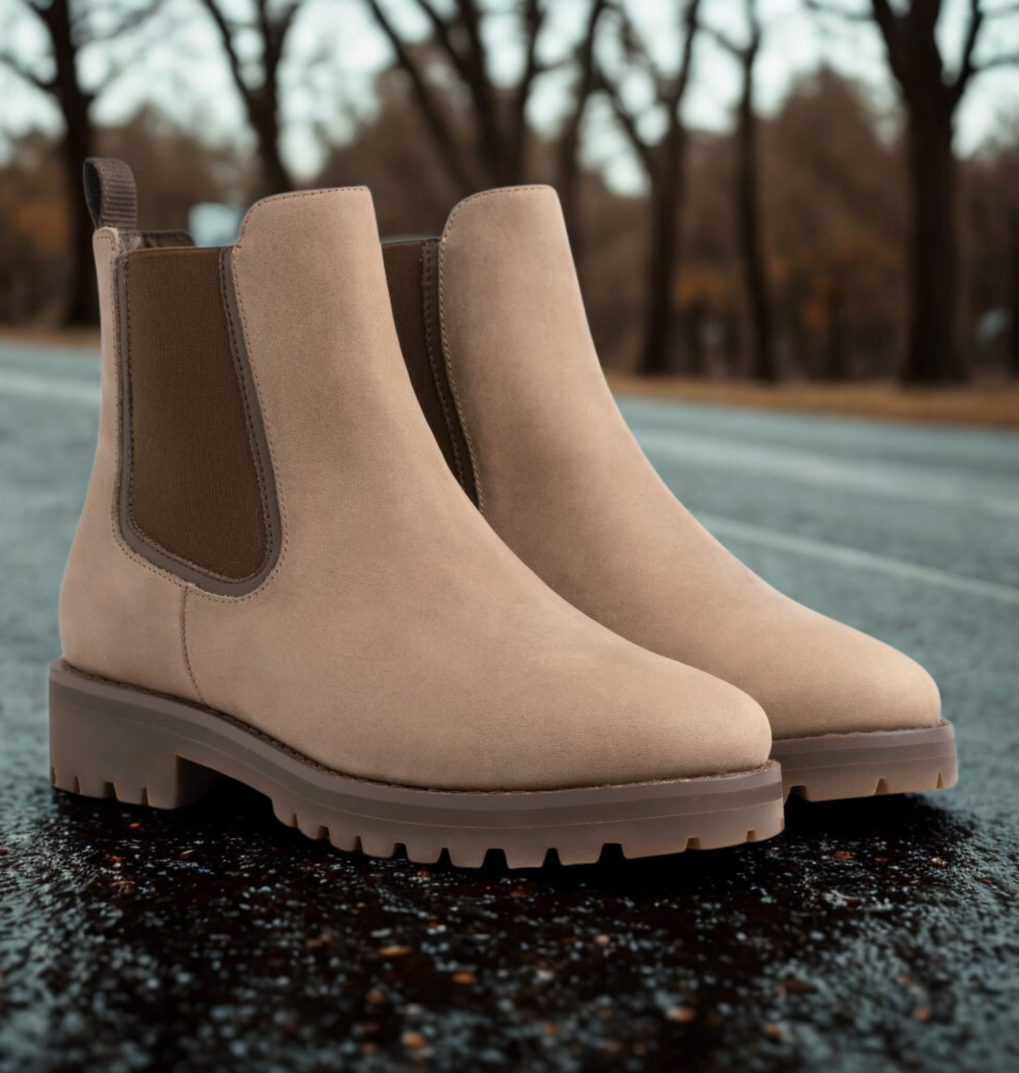 Women's nubuck leather ankle boots Chelsea silhouette with elastic goring and chunky lug sole