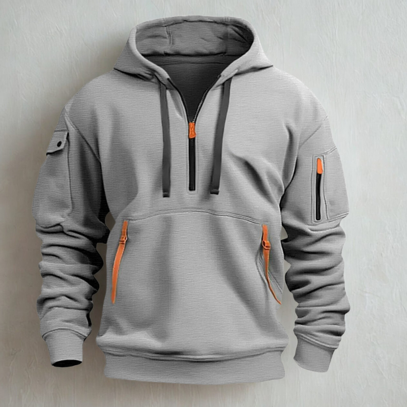 Men's gray knit quarter-zip hoodie with neon zip pockets, relaxed fit for everyday casual comfort
