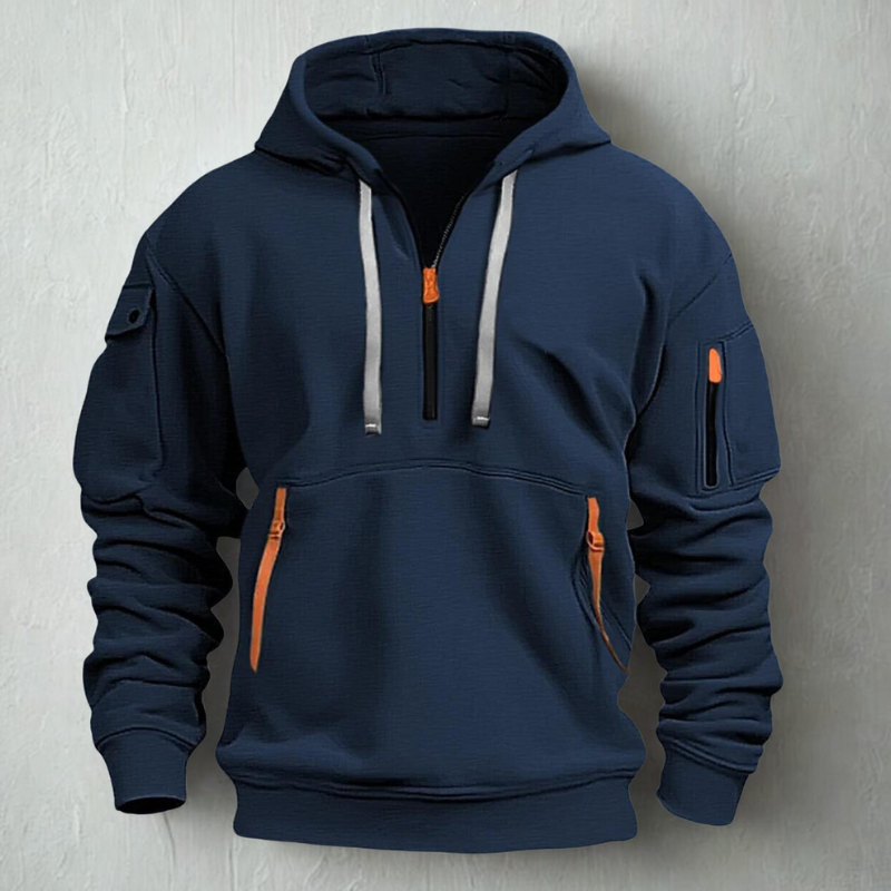 Men's gray knit quarter-zip hoodie with neon accent zip pockets, relaxed casual fit for everyday wear