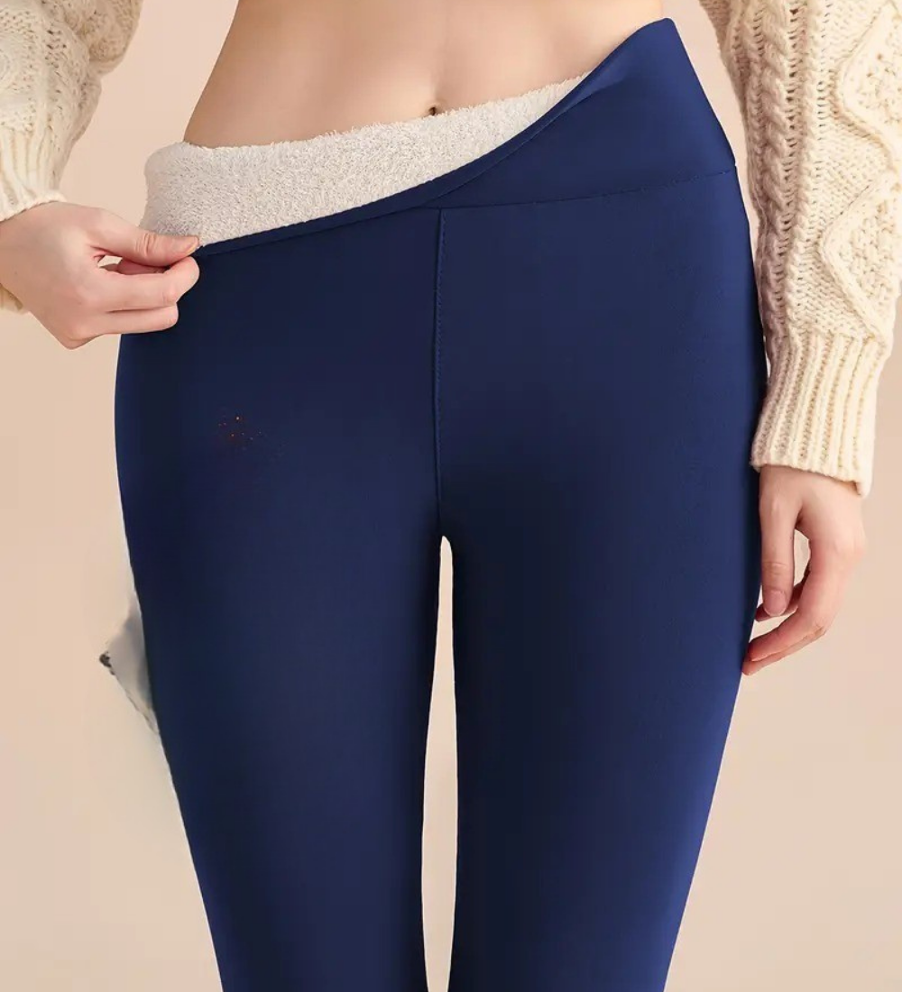 Women's black high-waist full-length leggings with plush warm lining for cozy winter comfort