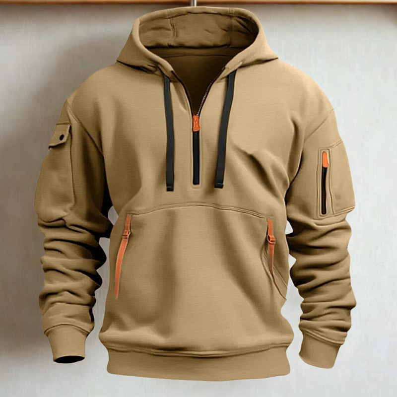 Men's gray knit quarter-zip hoodie with neon-accented zip pockets, relaxed casual fit for everyday wear