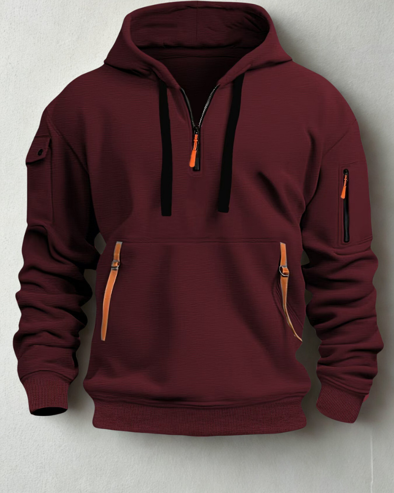 Men's gray knit quarter-zip hoodie with neon-accented zip pockets, relaxed fit casual style
