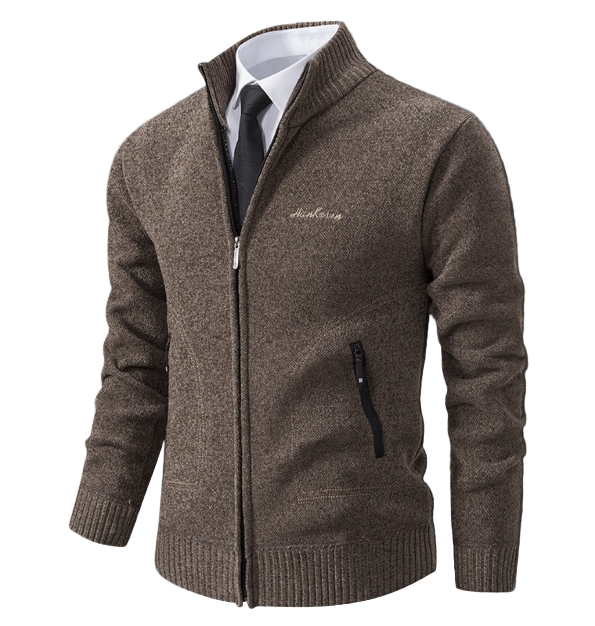 Men's slim fit knit cardigan with high stand collar in versatile smart casual style for polished look