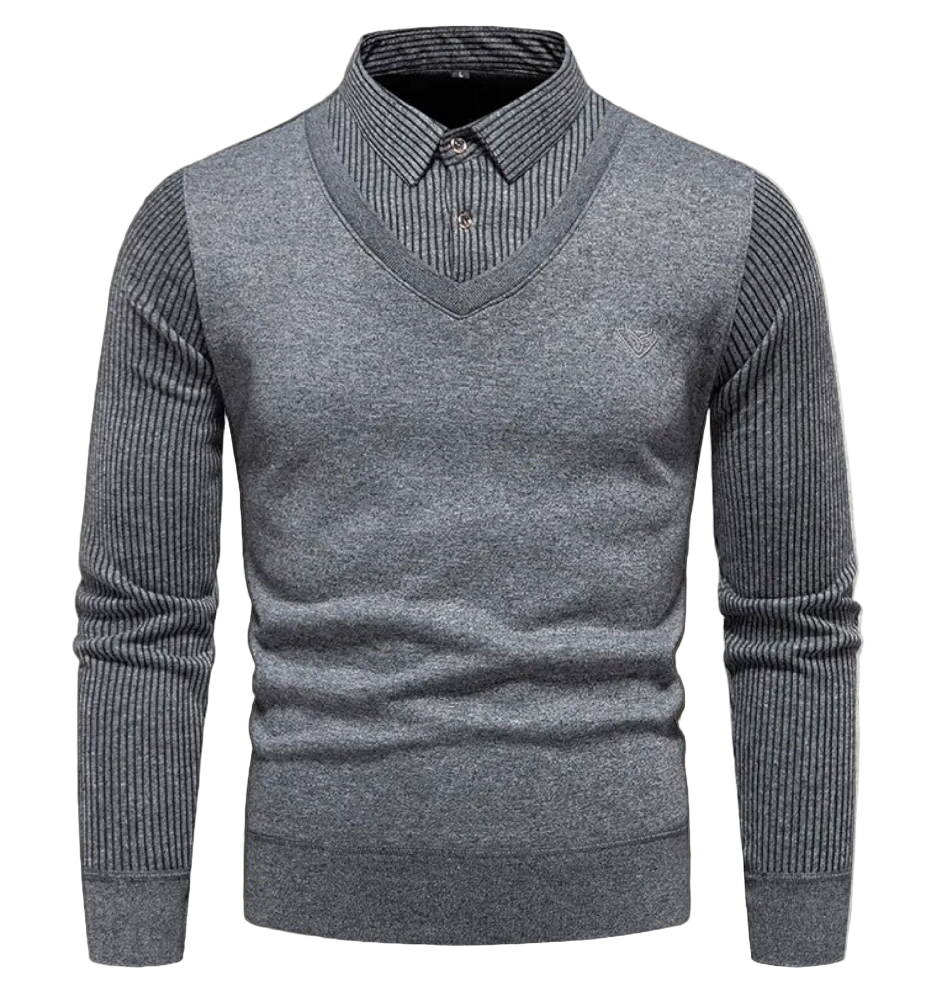 Men's slim-fit V-neck fine gauge knit pullover sweater with simulated layered shirt detail
