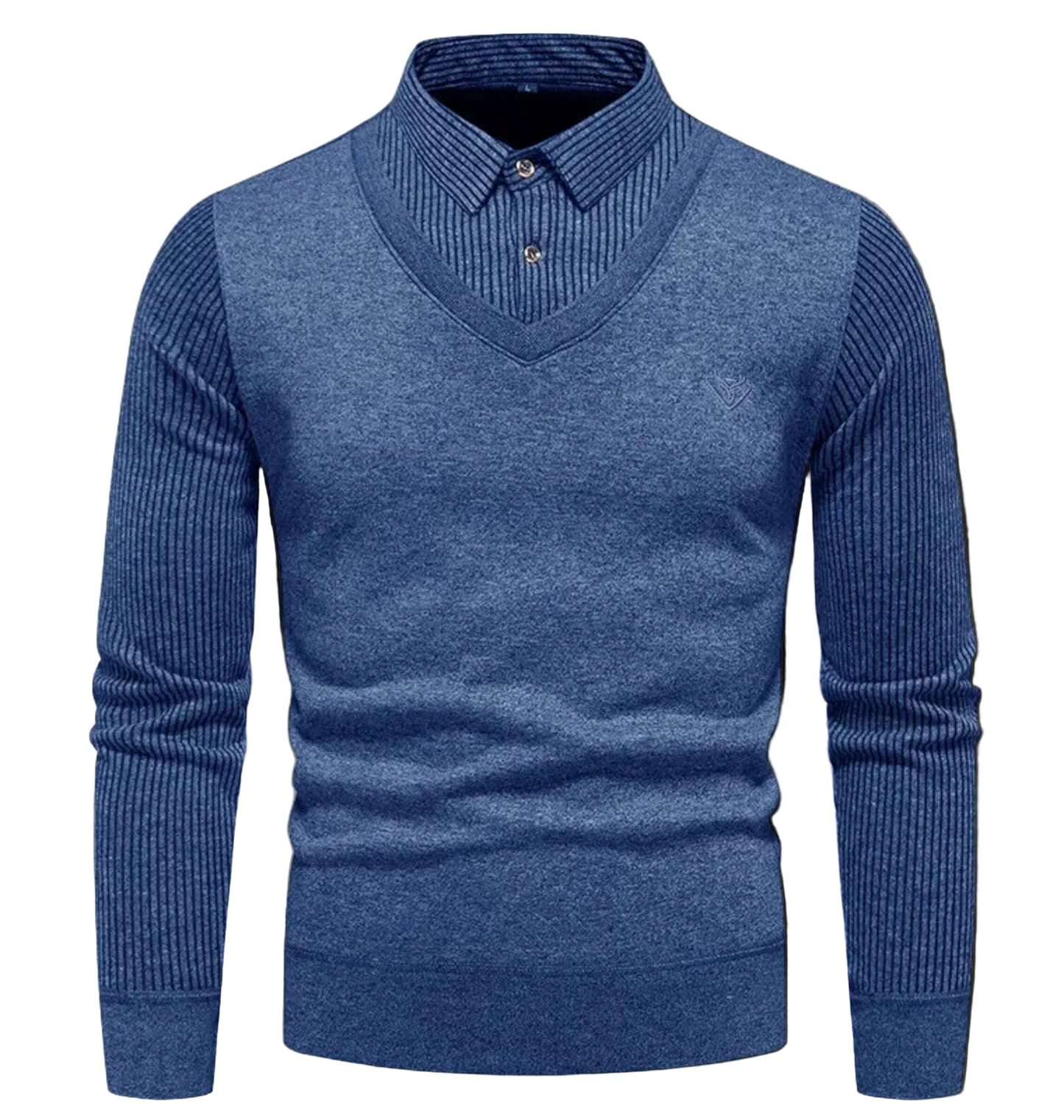 Men's slim fit fine gauge knit pullover sweater V-neck with simulated layered shirt detail