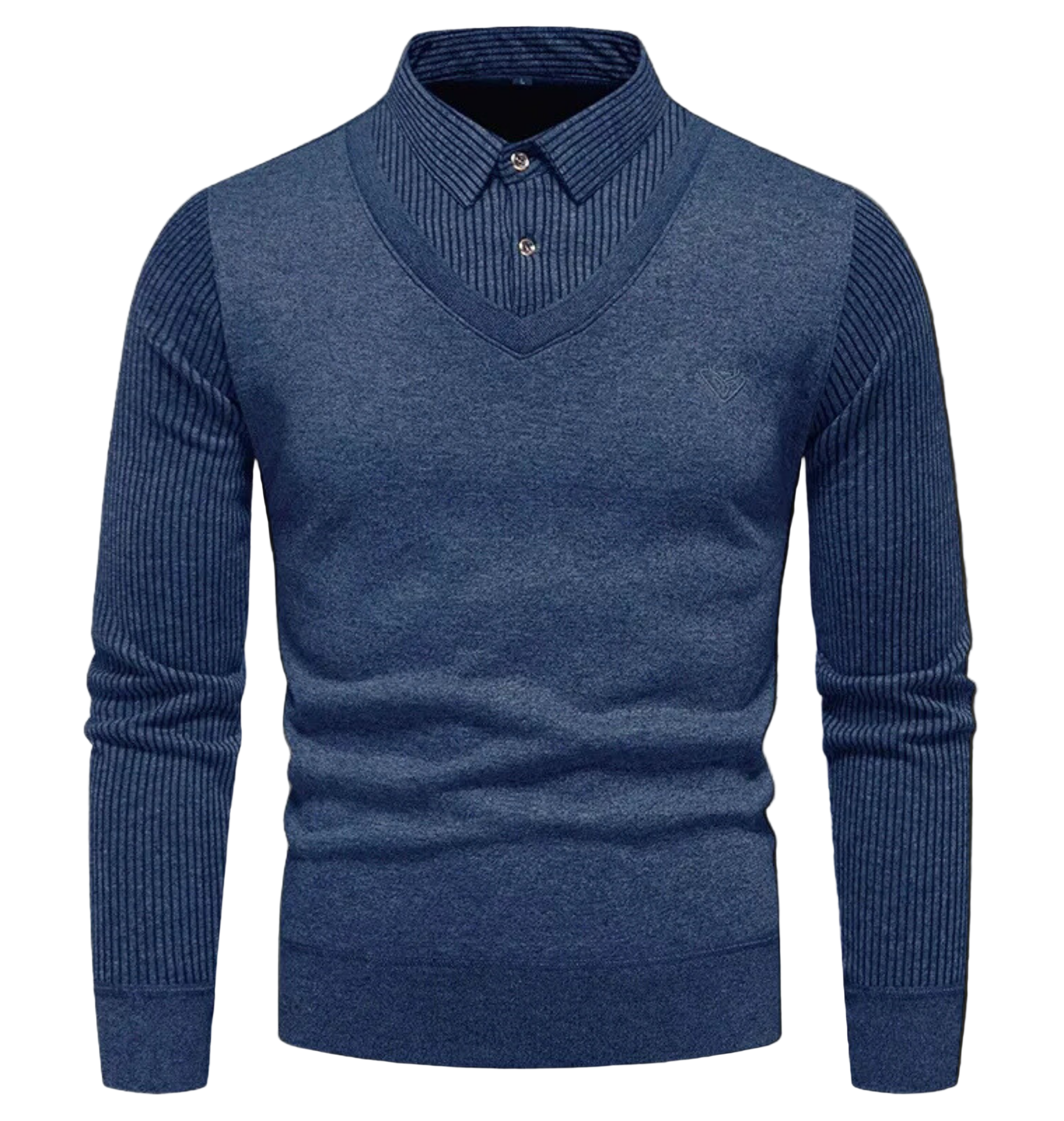 Men's slim fit V-neck pullover sweater fine gauge knit with simulated layered shirt detail