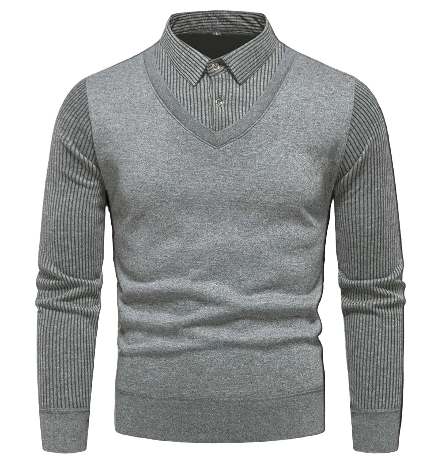 Men's slim fit V-neck pullover sweater fine gauge knit with simulated layered shirt detail