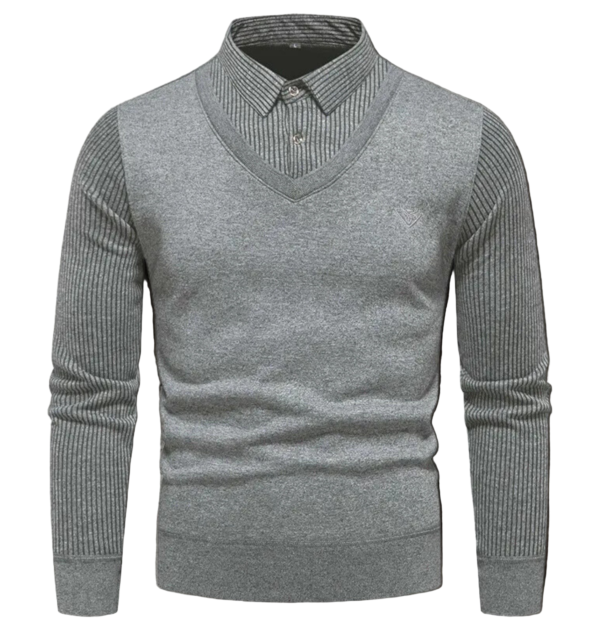 Men's slim fit V-neck pullover sweater fine gauge knit with simulated layered shirt detail
