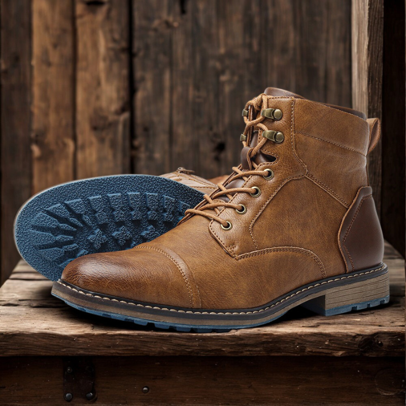 Men's black PU leather high top boots cap toe design side zipper lug sole rugged outdoor style