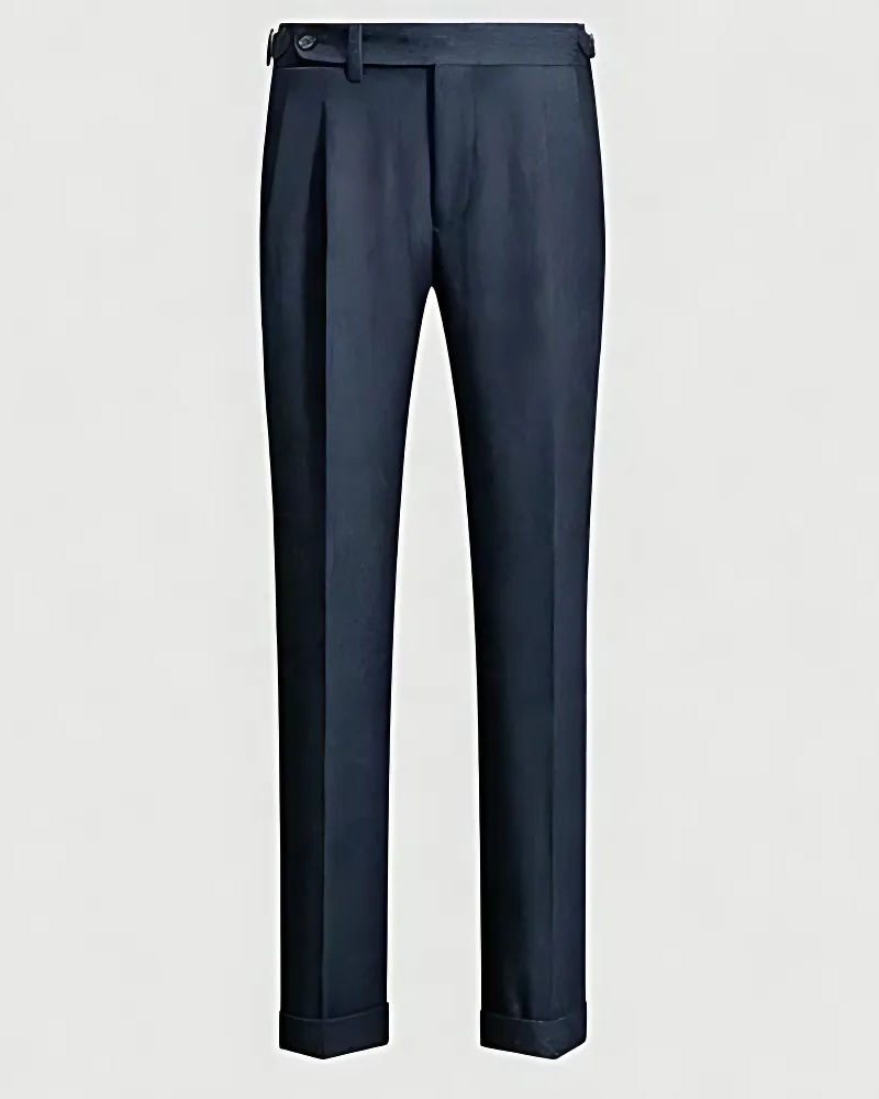 Men's wool blend slim tapered trousers with double pleats and narrow cuffed hem for professionals