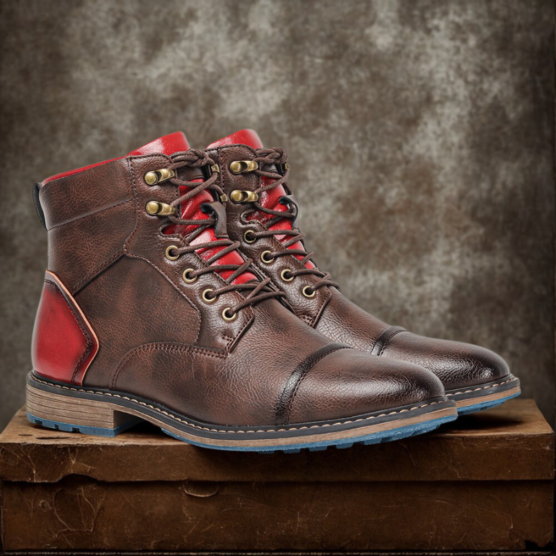 Men's black PU leather high top boots cap toe silhouette side zipper lug sole rugged outdoor style