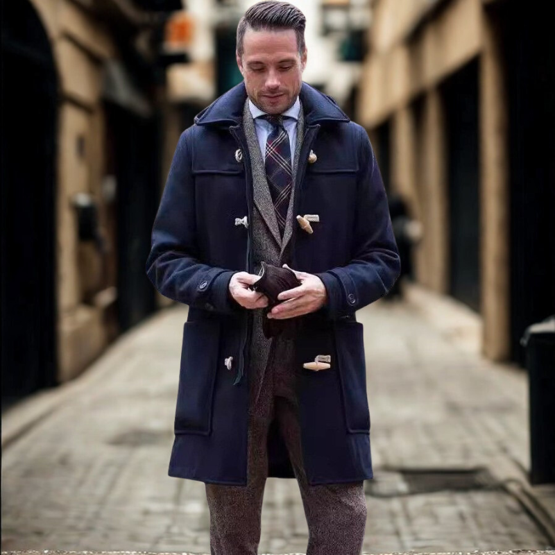 Men's wool blend hooded trench coat mid-length urban style with toggle closure winter warmth
