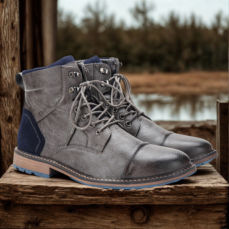 Men's black PU leather high top boots cap toe silhouette side zipper lug sole rugged outdoor style