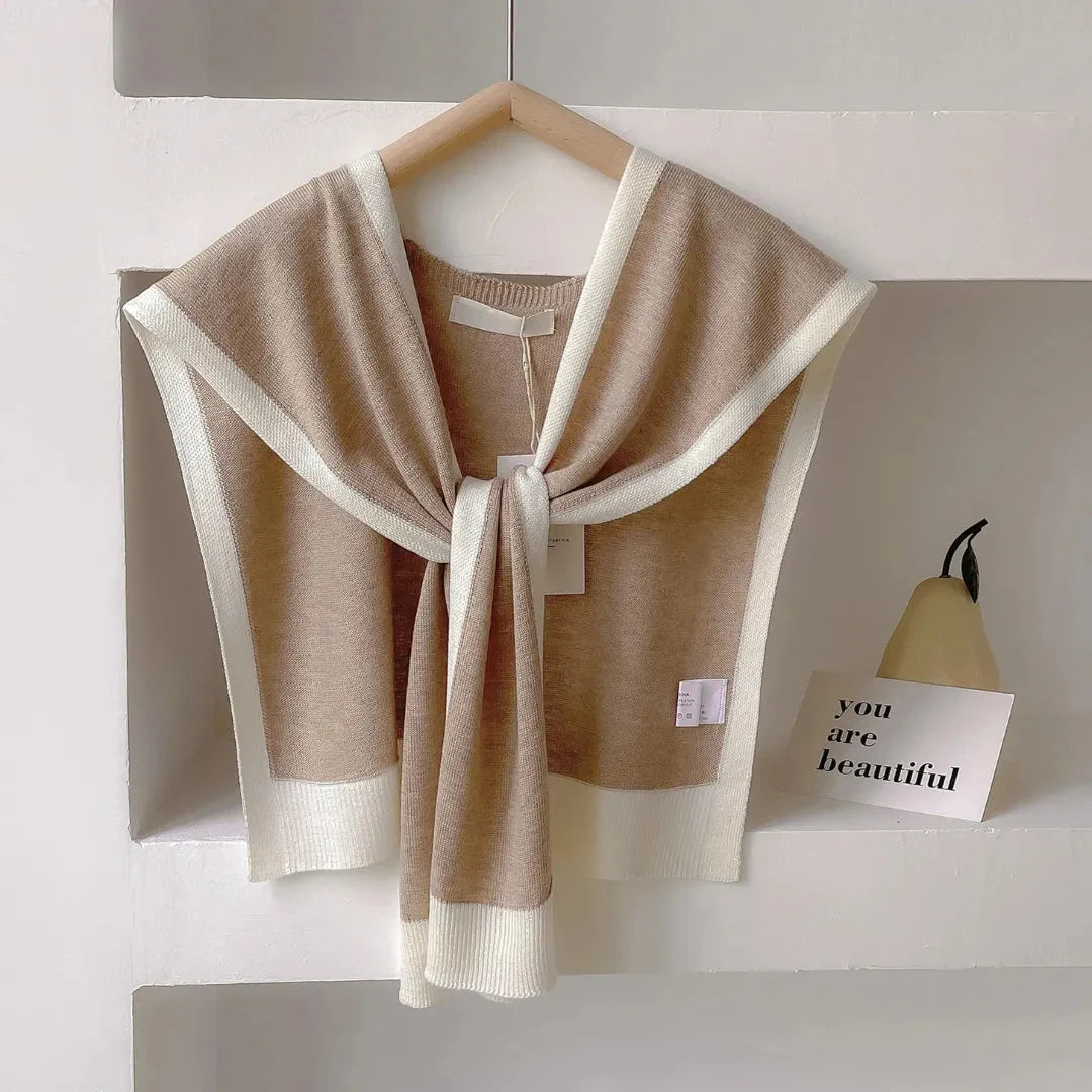 Soft breathable knit shawl wrap for women with elegant contrast trim border, all-season layering