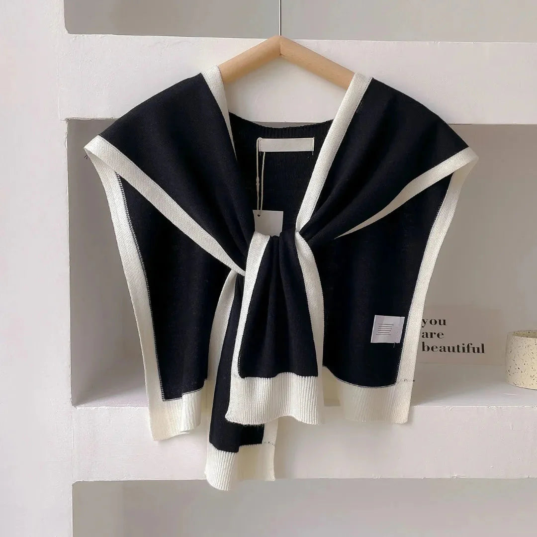 Women's soft knit shawl wrap with contrast trim border, lightweight breathable all-season layering piece