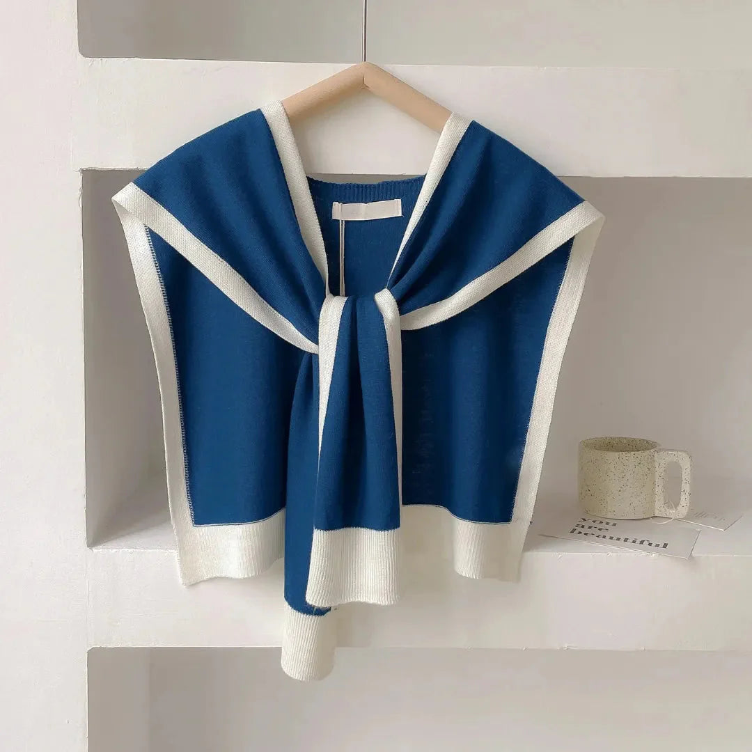 Women's knit shawl wrap with contrast trim, soft breathable all-season layering piece