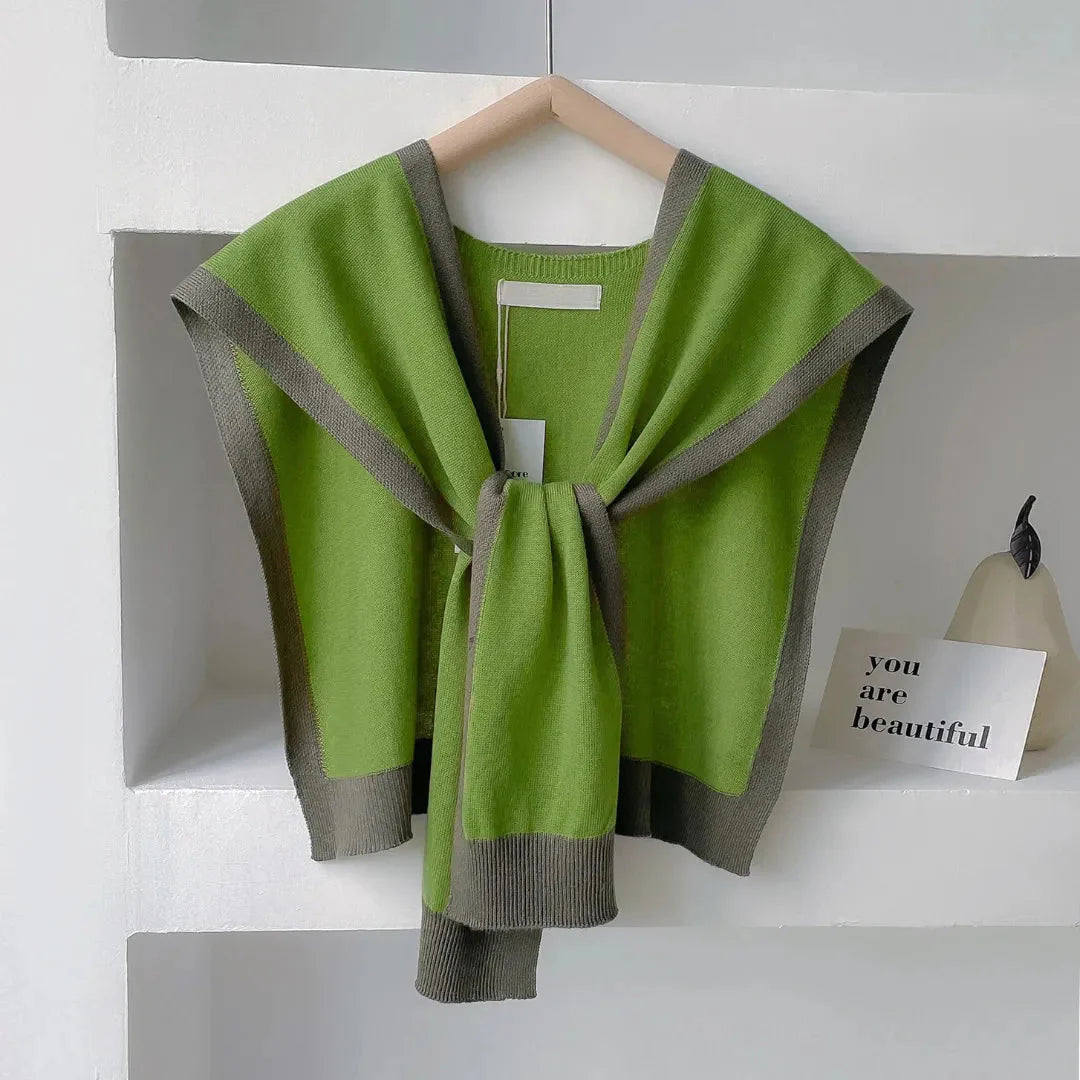 Soft breathable knit shawl wrap for women with elegant contrast-trim border, all-season layering
