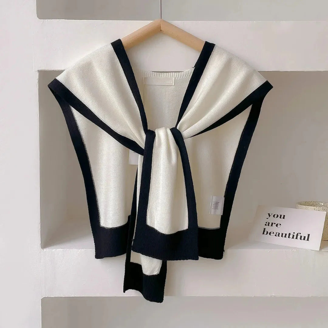 Soft breathable knit shawl wrap for women with elegant contrast-trim border, all-season layering