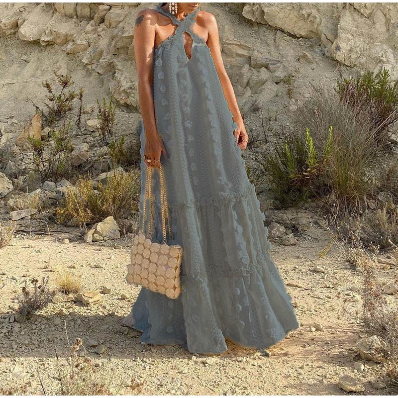 Solara tiered maxi dress lightweight flowing summer wear in soft neutral tones with three airy tiers