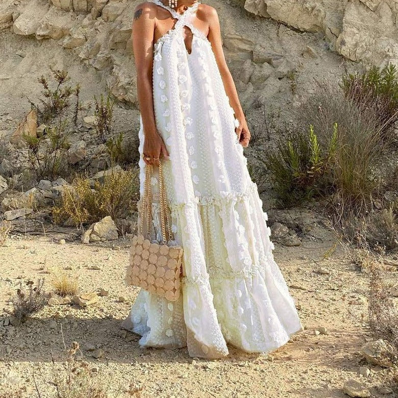 Solara tiered maxi dress lightweight flowing summer wear with three-tier silhouette in warm tones