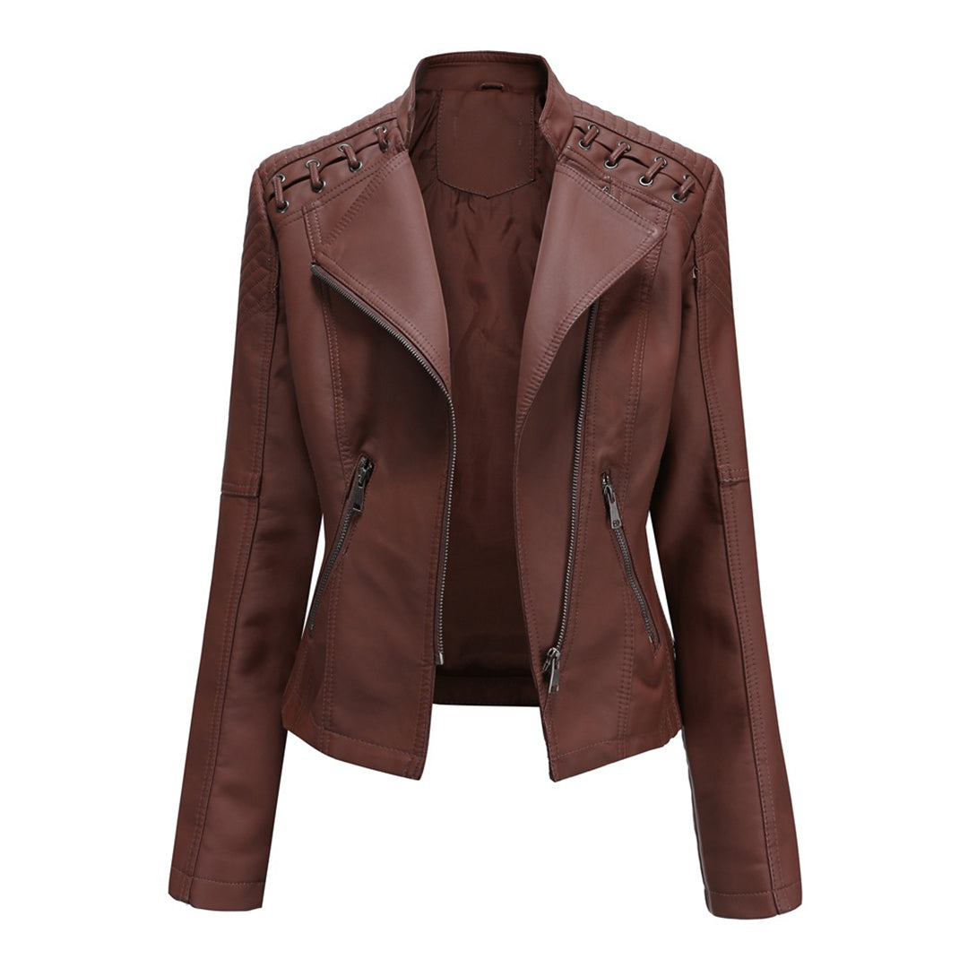 Men's black leather biker jacket slim fit with asymmetric zipper and quilted shoulders