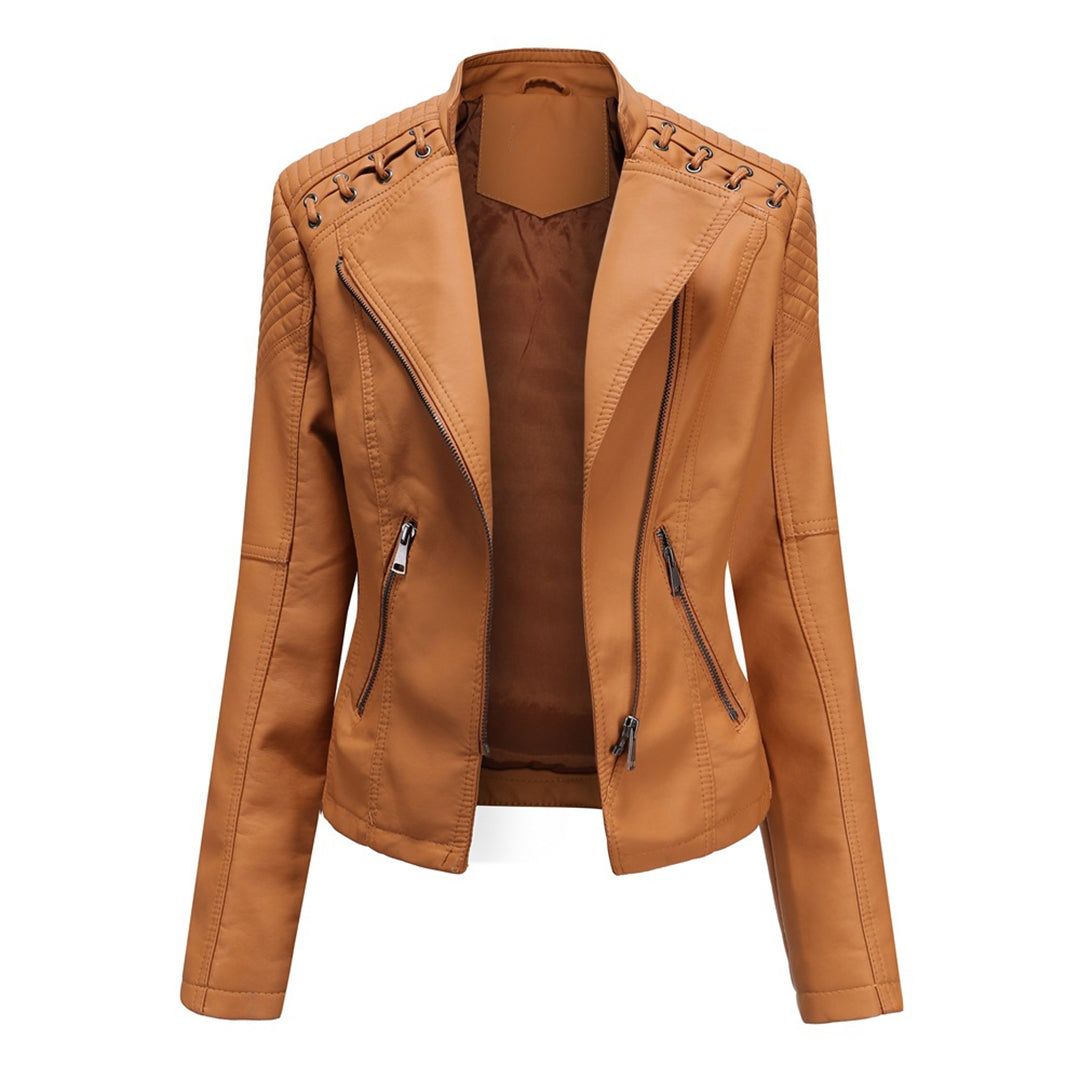 Men's black slim fit leather biker jacket with asymmetric zipper and quilted shoulders