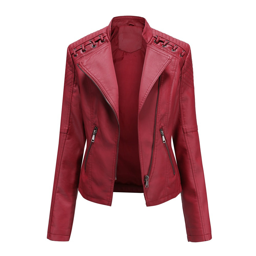 Men's black leather biker jacket slim fit with asymmetric zipper and quilted shoulders