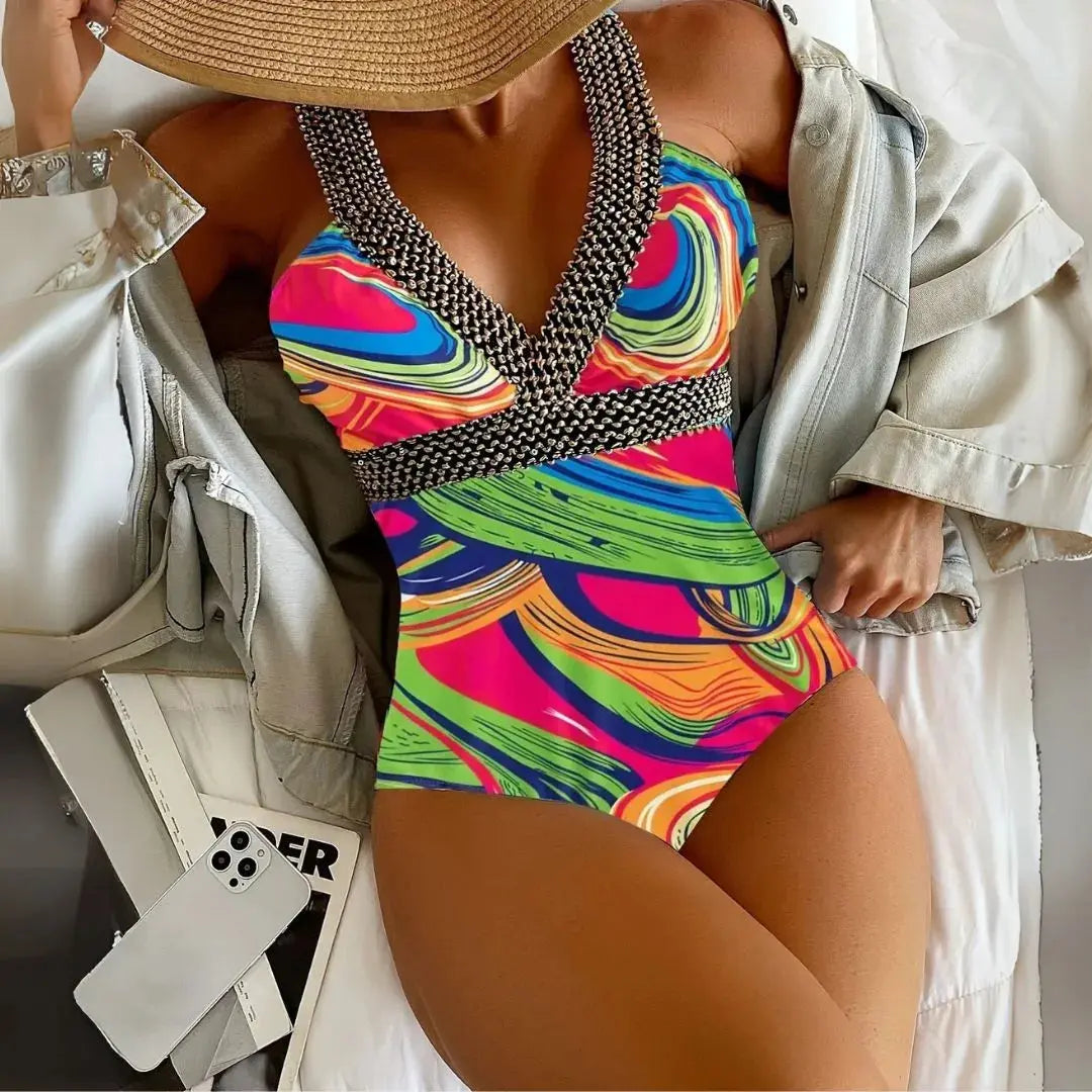 Marina abstract print halter one-piece swimsuit, deep V-neck, bold swirl colors, metallic chain straps