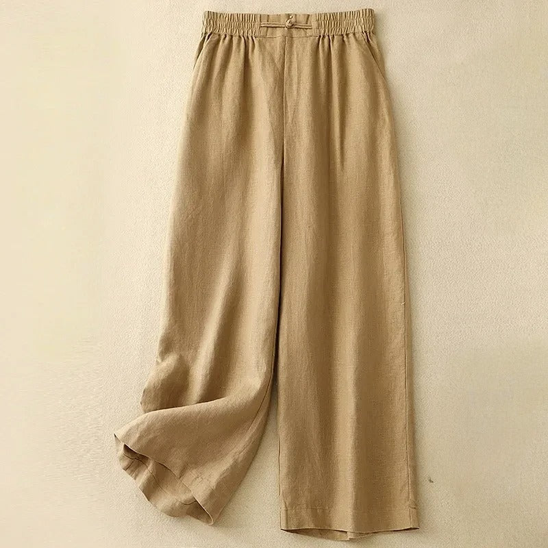 Women's wide-leg linen blend pants flowing silhouette elastic waist lightweight breathable casual chic
