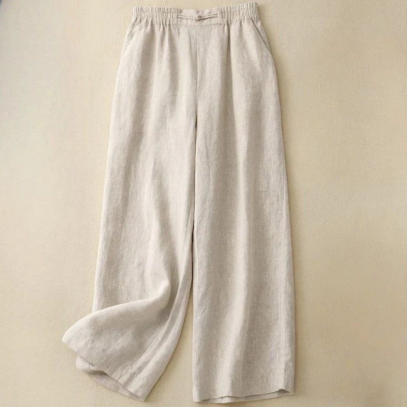 Women's wide-leg linen blend pants flowing silhouette elastic waist lightweight breathable casual chic