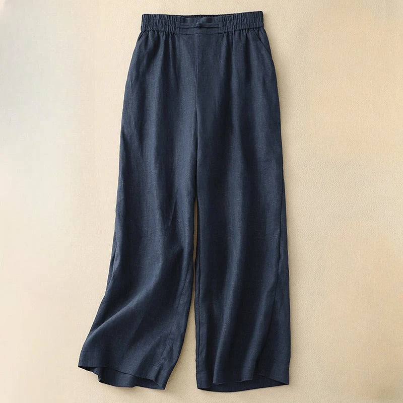 Women's wide-leg linen blend pants flowing silhouette elastic waist lightweight breathable casual chic