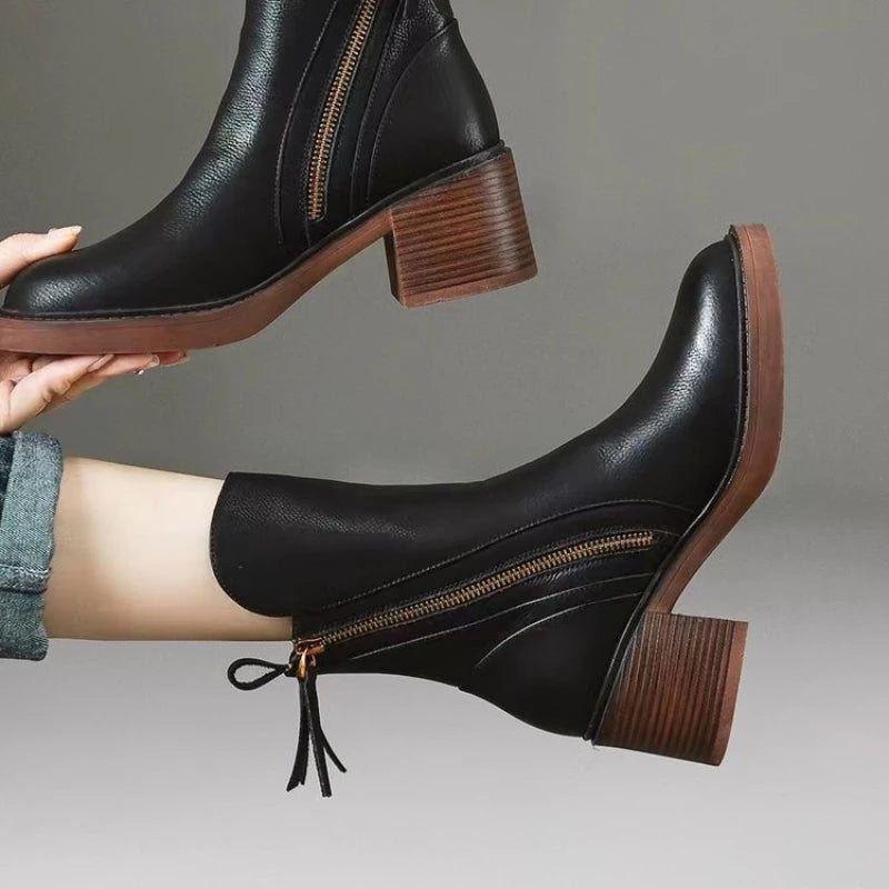 Women's Marina black leather zip ankle boots with 2-inch block heel and cushioned insole