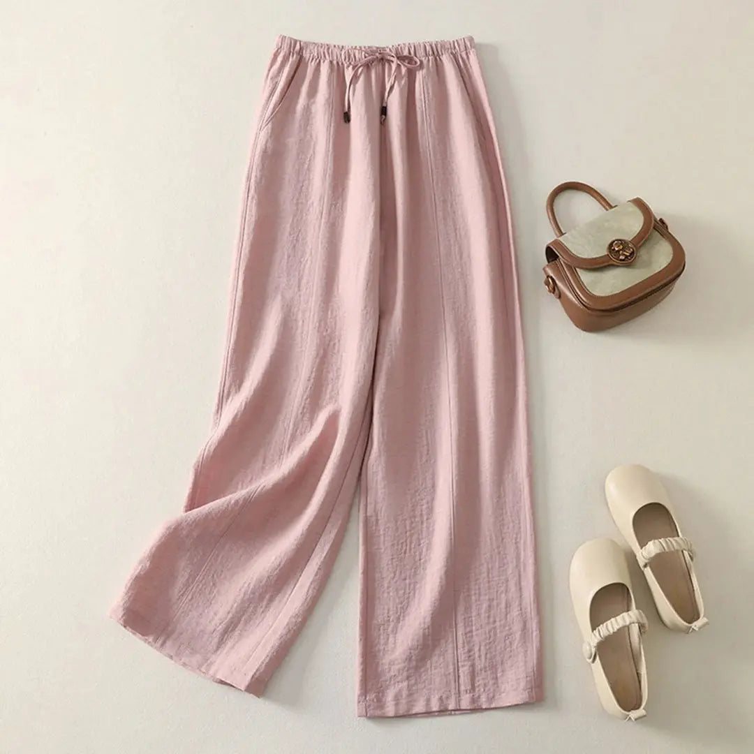 Women's beige linen drawstring pants relaxed fit elastic waist lightweight casual everyday style