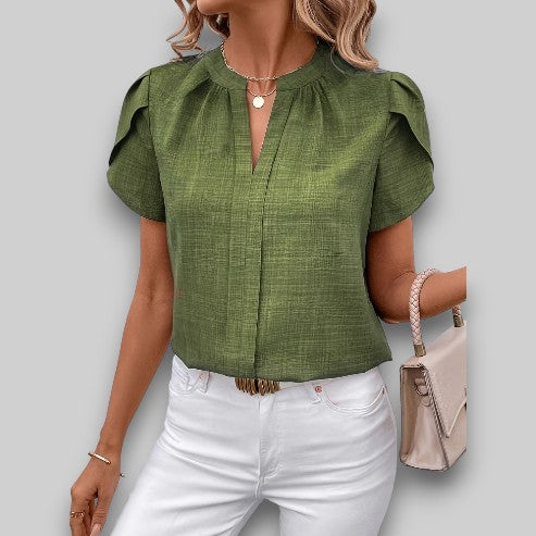 Women's lightweight woven blouse flutter petal sleeves pleated notch neckline feminine silhouette