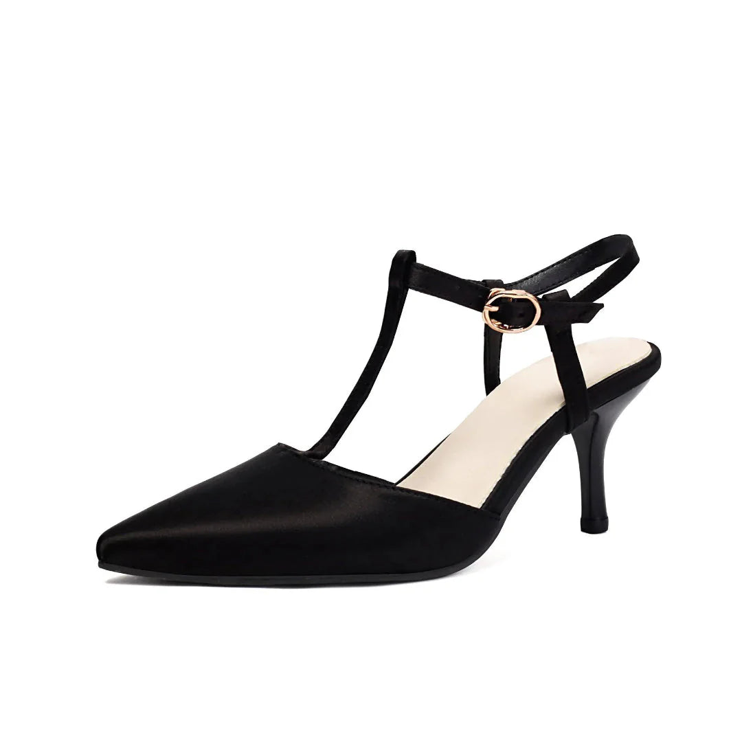 Ivory satin T-strap pointed-toe stilettos with glossy PU upper and elegant slim heel