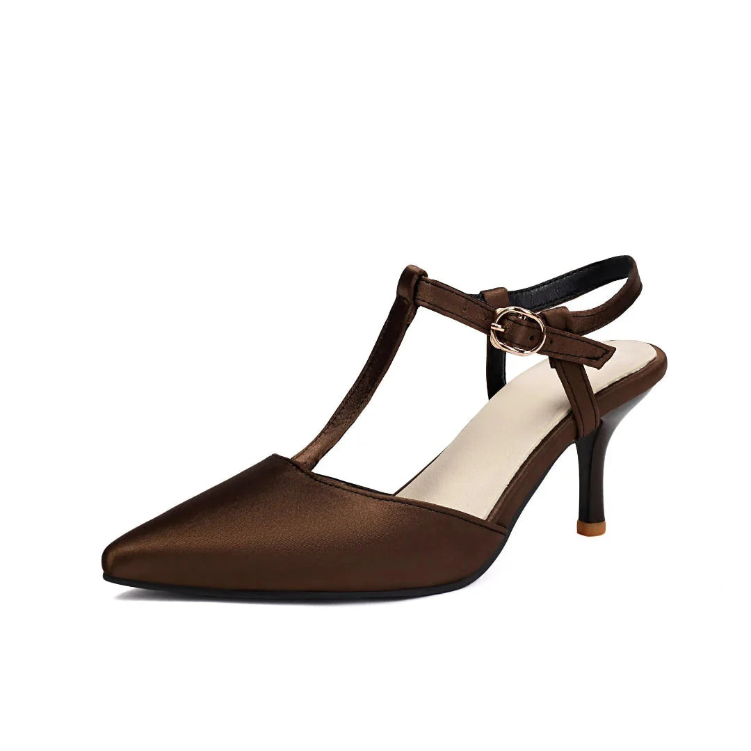 Satin PU pointed-toe stilettos with T-strap design in elegant glossy finish for women