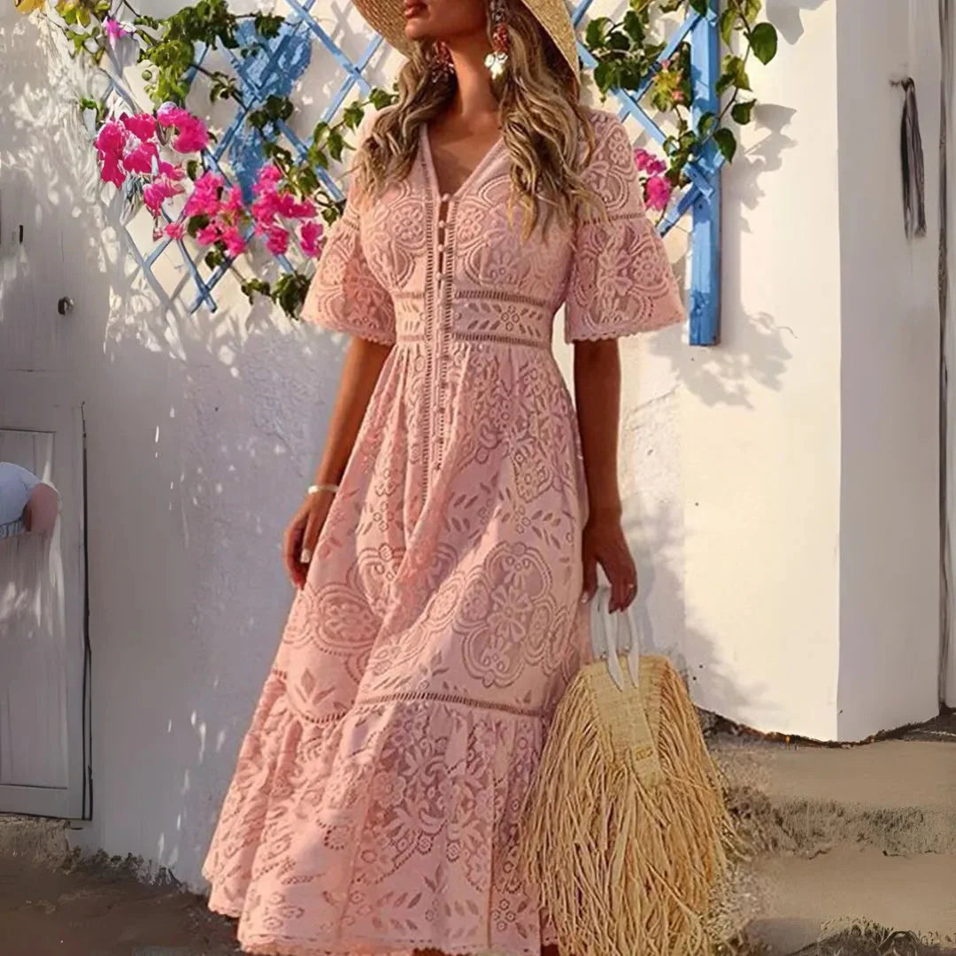 Ivory lace midi dress with V-neck, floral embroidery, cinched waist, and delicate scalloped hem