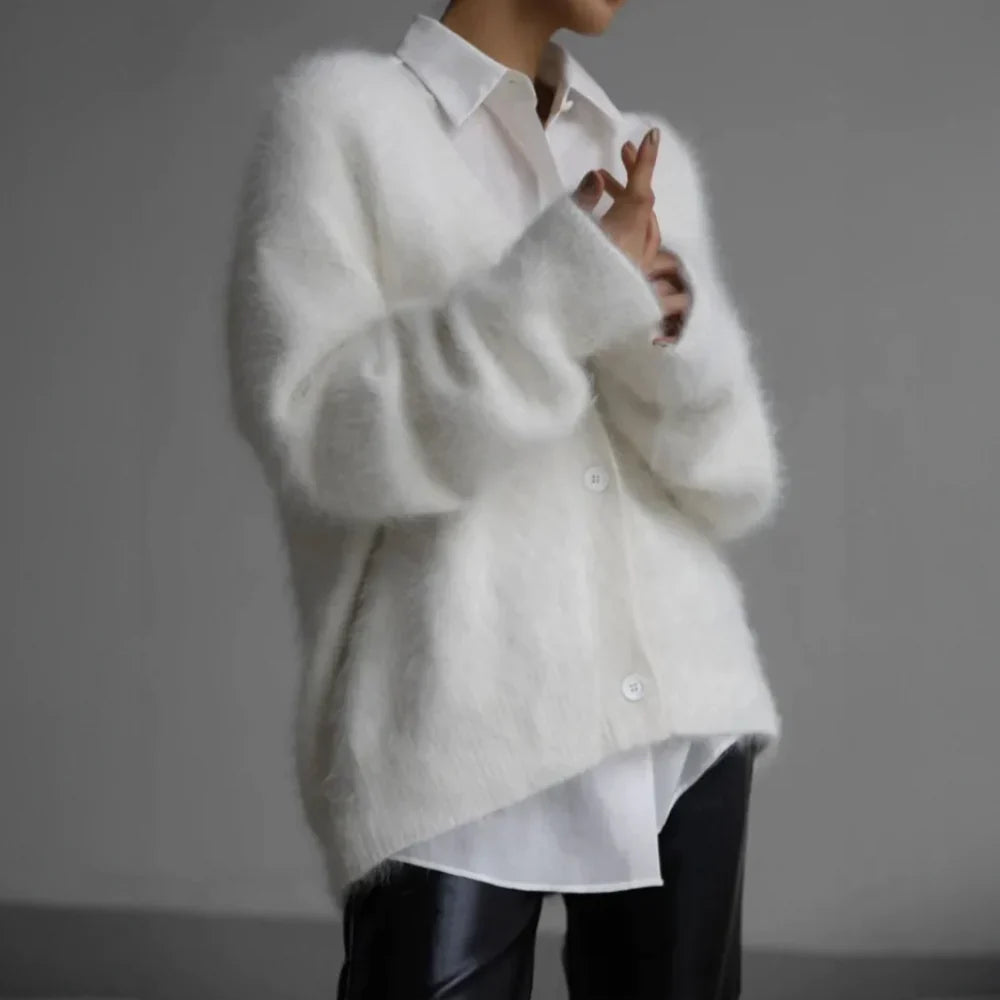 Women's ivory cashmere blend cardigan open-front draped relaxed silhouette soft knit layering piece