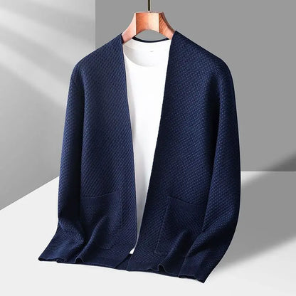 Men's ivory cashmere open-front cardigan with waffle knit texture, relaxed fit layering essential