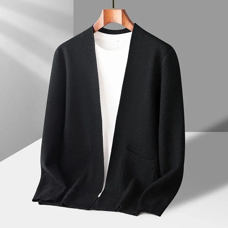 Men's ivory cashmere open-front cardigan waffle knit texture relaxed fit luxurious layering essential